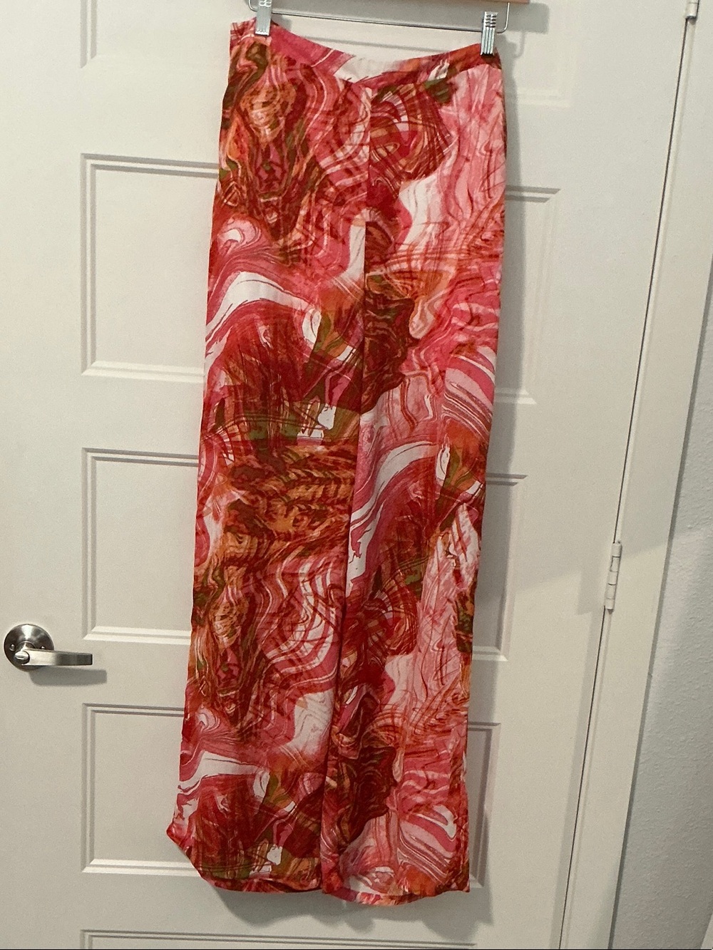 Wide Leg Maxi Pants in Red-Pink Swirl Print